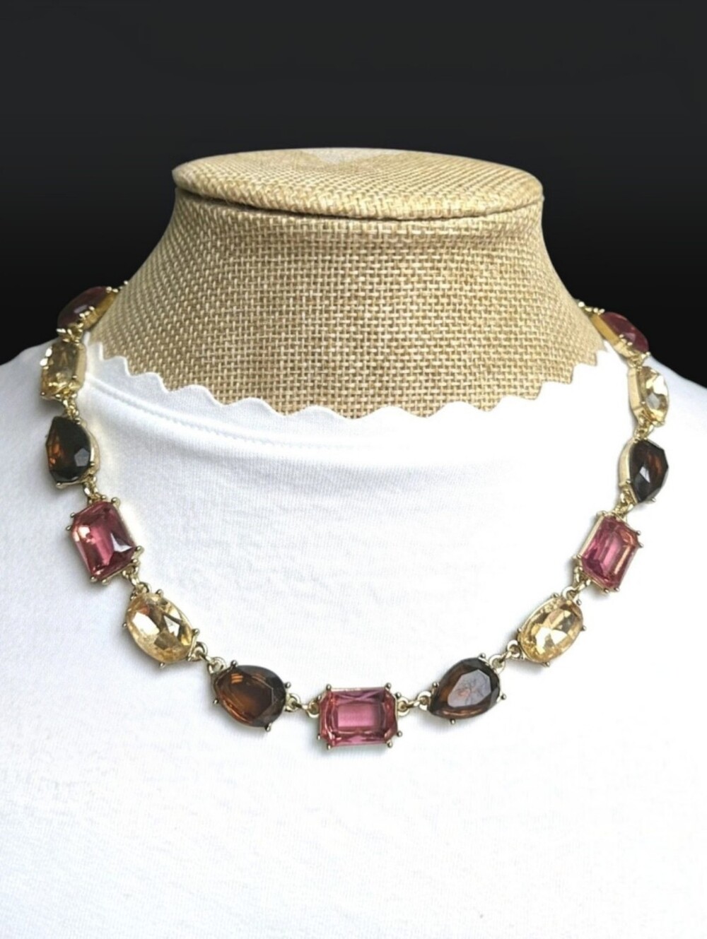 Charter Club Faceted Rhinestone Necklace Pink Brown Champagne Gold Tone 16"-18"